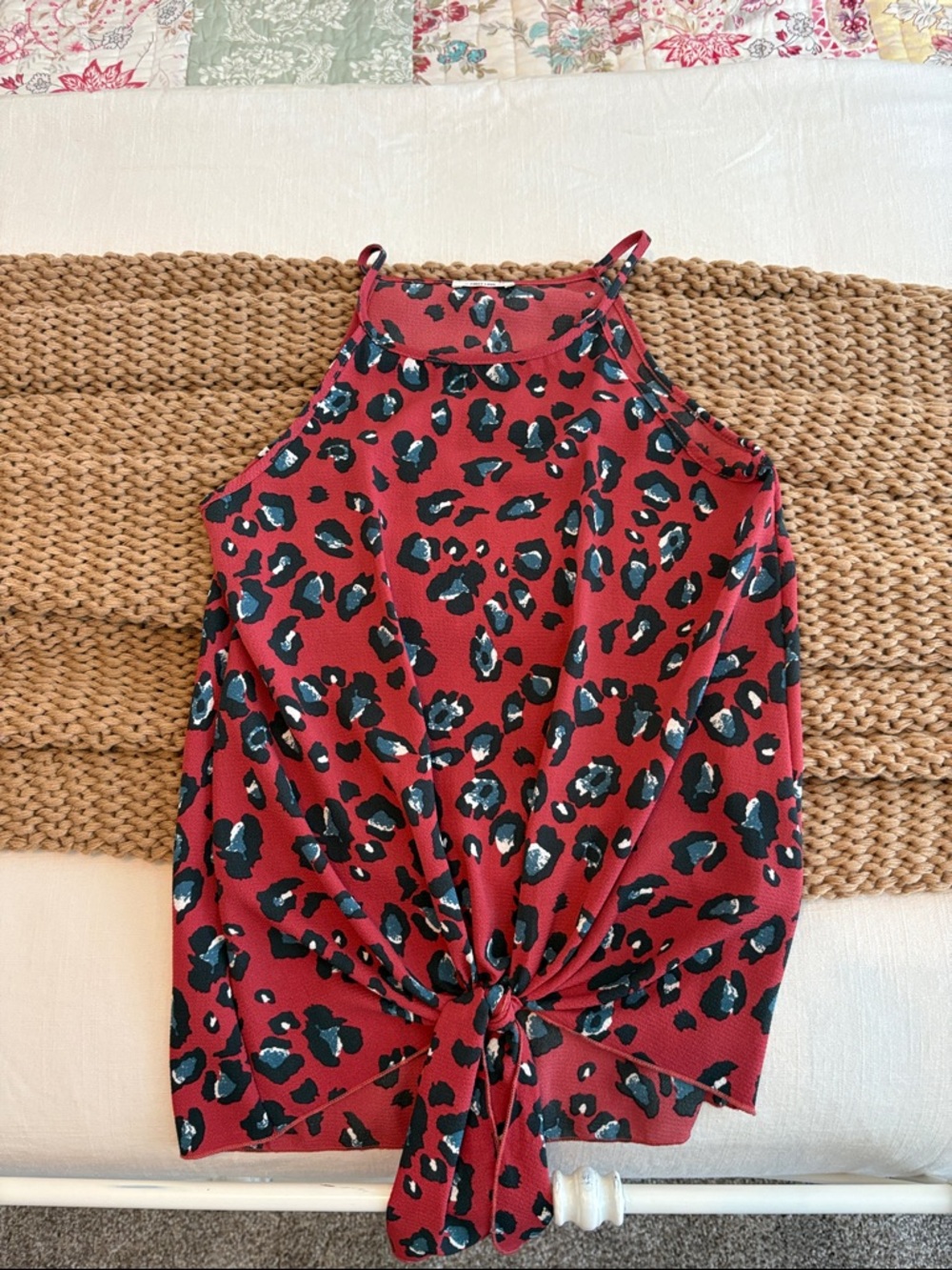 First Love Red Leopard Print Front Tie Halter Tank Top